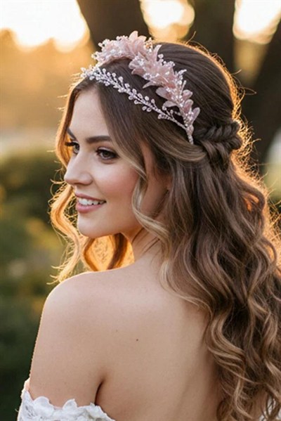 Kristal Taşlı Çiçekli Gelin Tacı Kına Ve Nişan Saç Aksesuarı