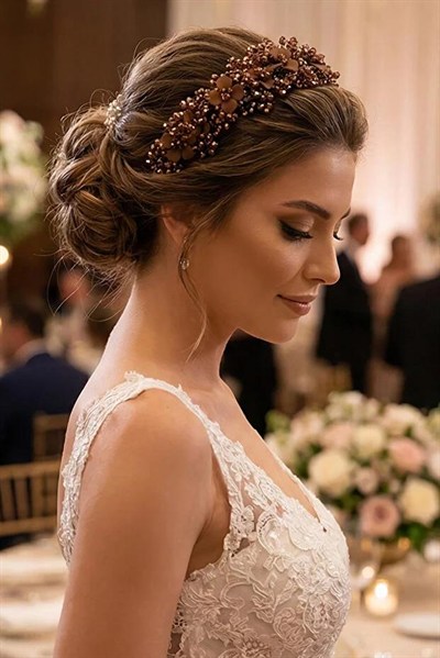 Kristal Taşlı Çiçekli Gelin Tacı Kına Ve Nişan Saç Aksesuarı