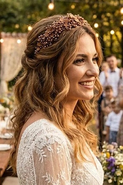 Kristal Taşlı Çiçekli Gelin Tacı Kına Ve Nişan Saç Aksesuarı