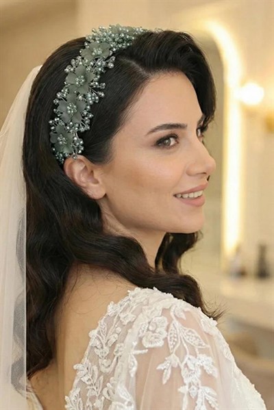 Kristal Taşlı Çiçekli Gelin Tacı Kına Ve Nişan Saç Aksesuarı