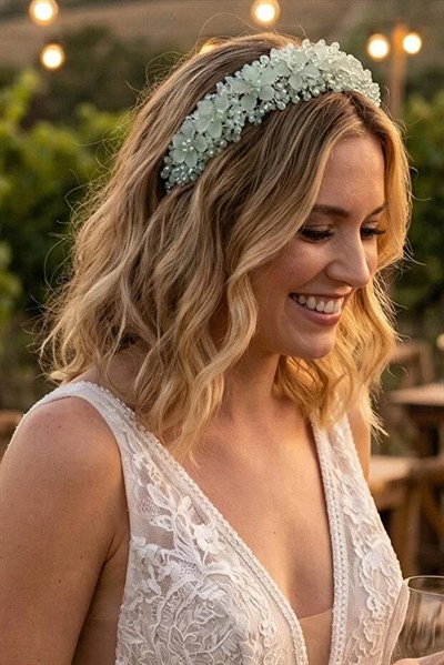 Kristal Taşlı Çiçekli Gelin Tacı Kına Ve Nişan Saç Aksesuarı