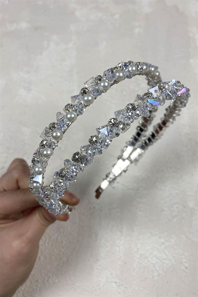 Kristal Taşlı İncili Çift Sıra Saç Aksesuarı Gelin Tacı