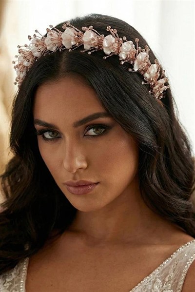 Kristal Taşlı ve Sedefli Gelin Tacı Nedime Kına Saç Aksesuarı