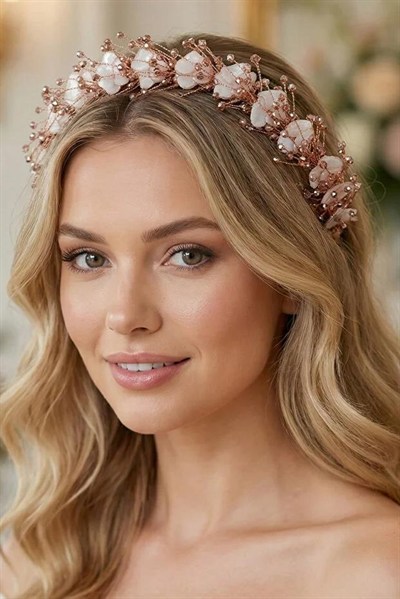 Kristal Taşlı ve Sedefli Gelin Tacı Nedime Kına Saç Aksesuarı