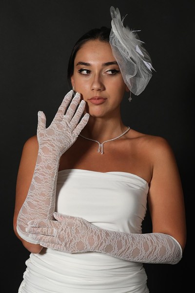 Likralı Dantel Uzun Gelin Eldiveni Ve Düz Vualet Nikah Şapkası