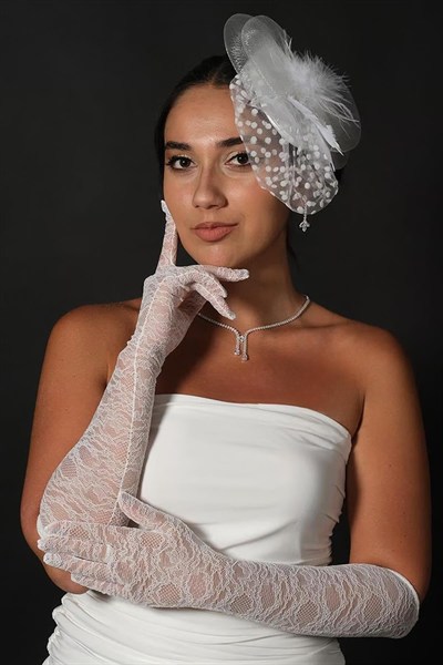 Likralı Dantel Uzun Gelin Eldiveni Ve Vualet Nikah Şapkası