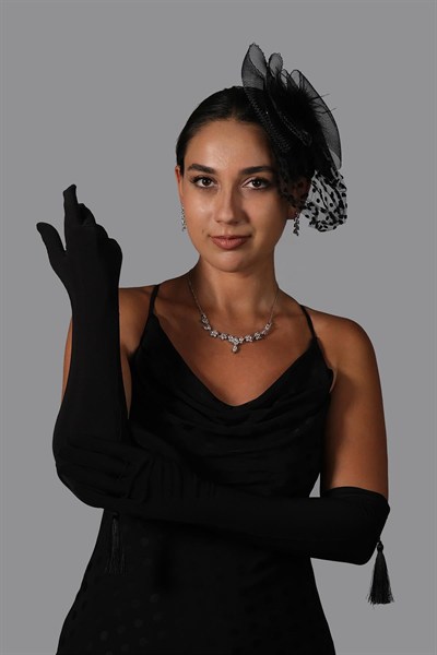 Likralı Sendi Kumaş Püsküllü Uzun Eldiven Ve Vualet Nikah Şapkası