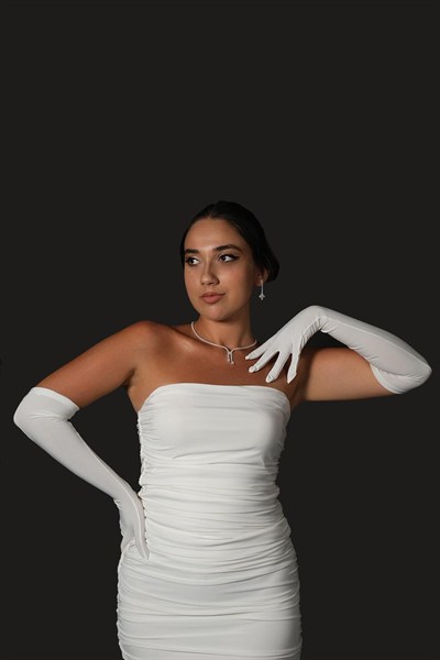 Likralı Sendi Kumaş Uzun Eldiven Ve Düz Vualet Nikah Şapkası