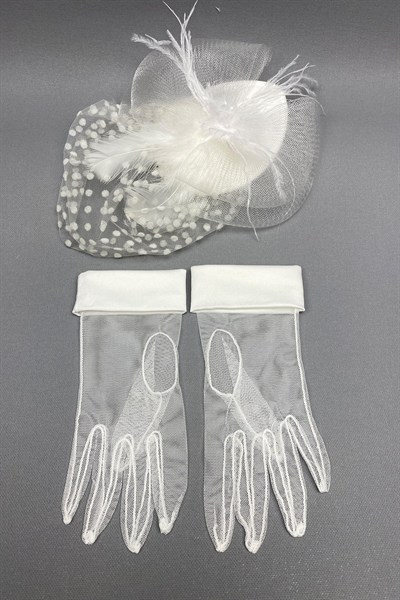 Manşetli Gelin Eldiveni ve Puantiyeli Nikah Şapkası