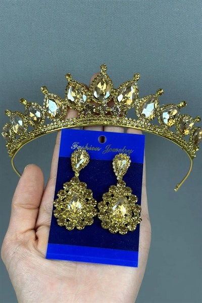 Neri Model Gelin Düğün Kına Tacı ve Mekik Küpe Seti Gold