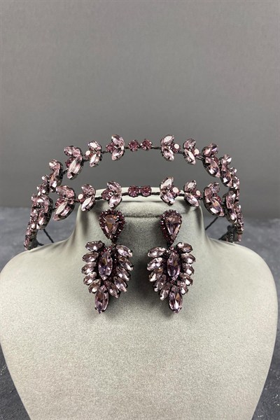 Pembe Alfa Çift Sıra Gelin Kına Tacı Ve Mekikli Küpe Seti