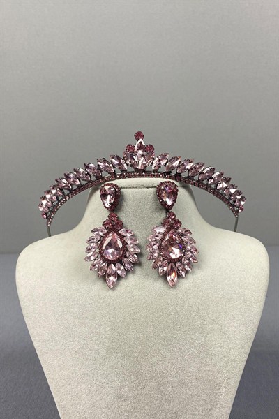 Pembe Ece Gelin Kına Tacı Ve Damla Mekik Taşlı Küpe Seti