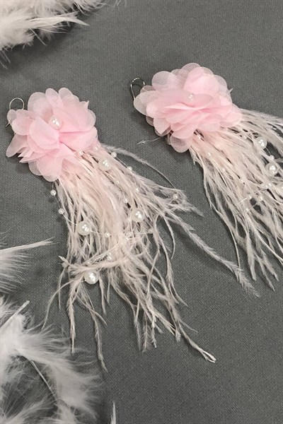 Pembe İncili Çiçekli Tüylü Küpe