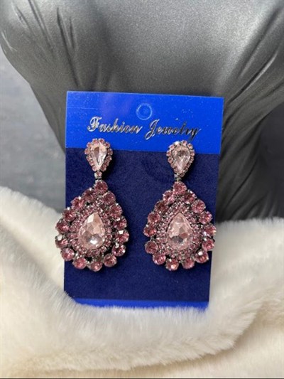 Pembe Rengi Sia Damla Şık Tasarım Taşlı Gelin Kına Abiye Küpesi