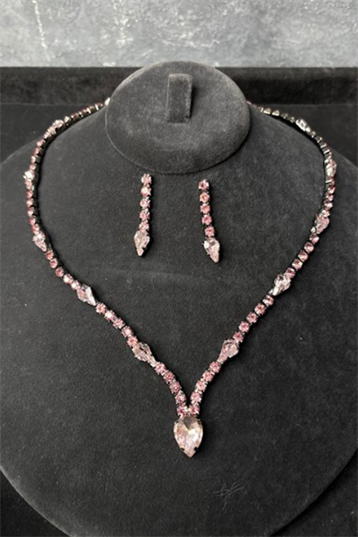 Pembe Renk Taşlı Kolye Küpe Set Şık Zarif Abiye Davet Takı