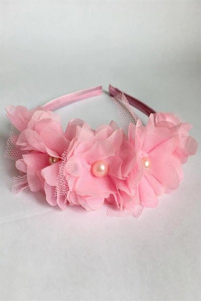 Pembe Şifon Çiçekli Saten Kaplama Düğün Nikah Nişan Gelin Ve Kız Çocuk Tacı