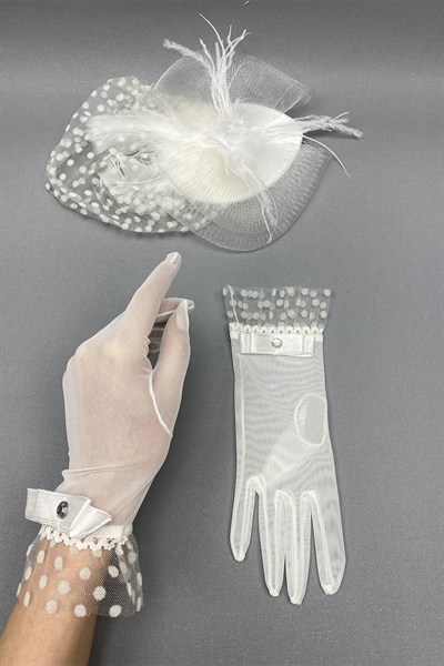 Puantiyeli Nikah Şapkası ve Gelin Eldiveni