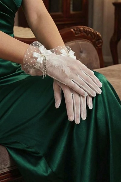 Puantiyeli Tül Fiyonklu İncili Taş Sarkıtlı Nikah Gelin Eldiveni ve Düğün Aksesuarı