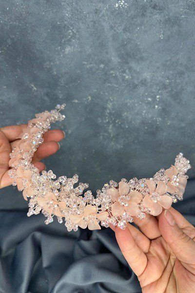 Pudra Nileda Kristal Boncuklu Gelin Kına Tacı Saç Aksesuarı