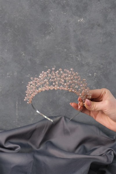 Pudra Renkli Kristal Boncuk Detaylı Aren Model Gelin Kına Tacı