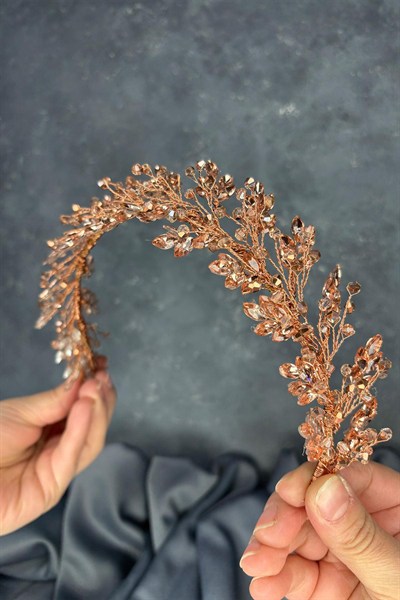 Rose Rengi Defne Gelin Tacı Saç Ve Türban Aksesuarı