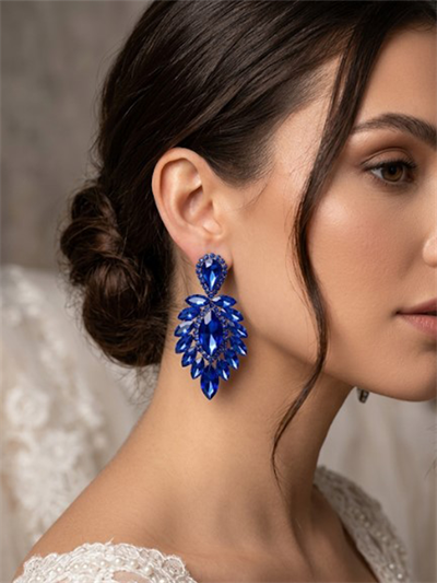 Saks mavisi Rengi Vera Mekik Vip Kristal Taşlı Abiye Gelin Küpesi