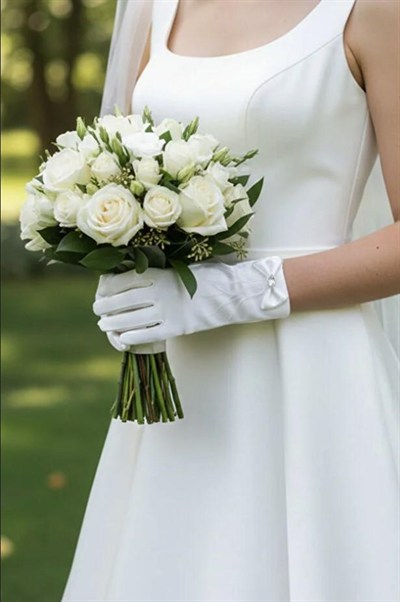 Saten Gelin Eldiveni - Fiyonklu ve Taş Detaylı Kısa Nikah Eldiveni