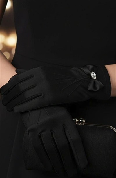 Saten Gelin Eldiveni - Fiyonklu ve Taş Detaylı Kısa Nikah Eldiveni