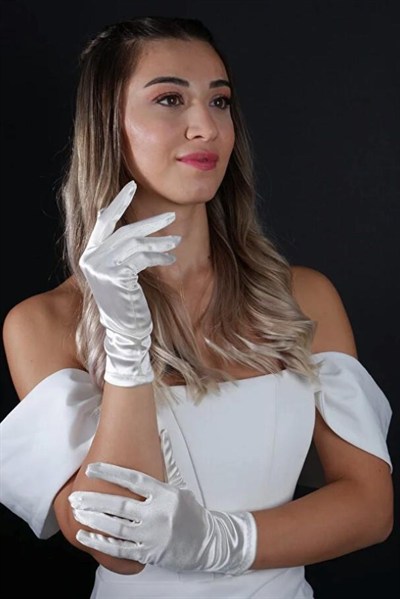Saten Kısa Abiye Eldiven Opera 21 Cm Boy Nişan Düğün Balo Gece Elbisesi Şık Aksesuar