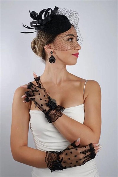 Siyah Kalpli Fiyonklu Gelin Eldiveni Düğün Nikah Aksesuarı Fascinator Şapka Seti
