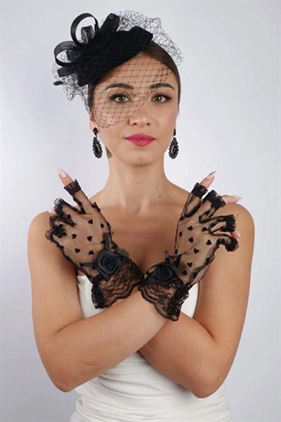 Siyah Kalpli Fiyonklu Gelin Eldiveni Düğün Nikah Aksesuarı Fascinator Şapka Seti