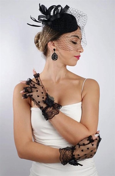 Siyah Kalpli Fiyonklu Gelin Eldiveni Düğün Nikah Aksesuarı Fascinator Şapka Seti