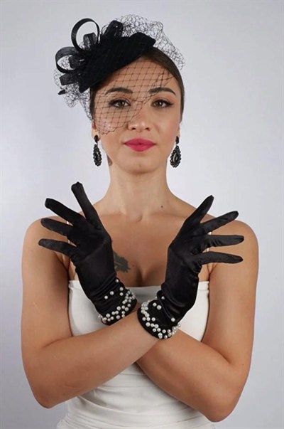 Siyah Kısa İncili Gelin Eldiveni Düğün Nikah Aksesuarı Fascinator Şapka Seti