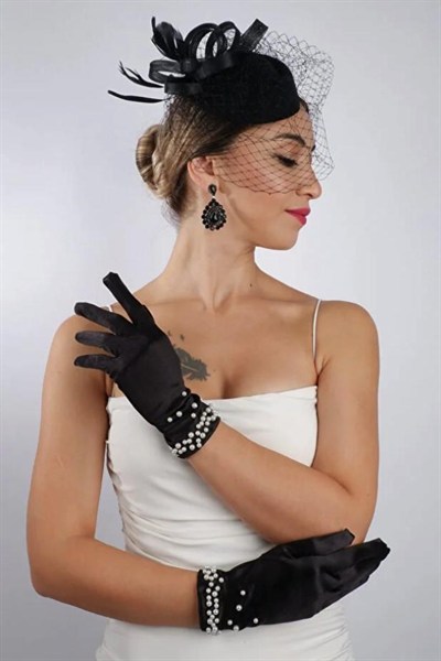 Siyah Kısa İncili Gelin Eldiveni Düğün Nikah Aksesuarı Fascinator Şapka Seti
