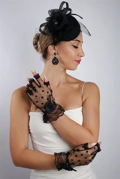 Siyah Kısa Kalpli Fiyonklu Gelin Eldiveni Düğün Nikah Aksesuarı Fascinator Şapka Seti