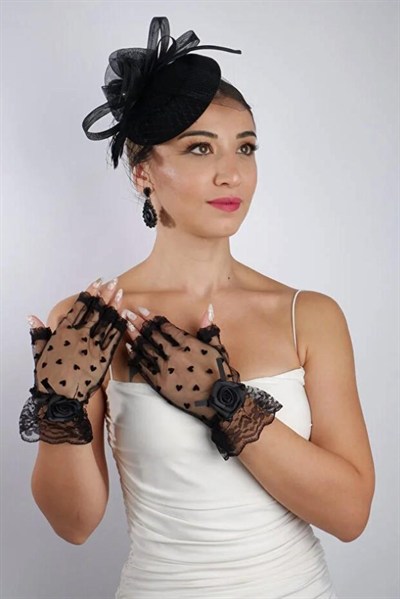 Siyah Kısa Kalpli Fiyonklu Gelin Eldiveni Düğün Nikah Aksesuarı Fascinator Şapka Seti