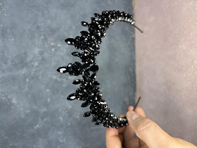 Siyah Likya Boncuk İşlemeli Gelin Kına Tacı