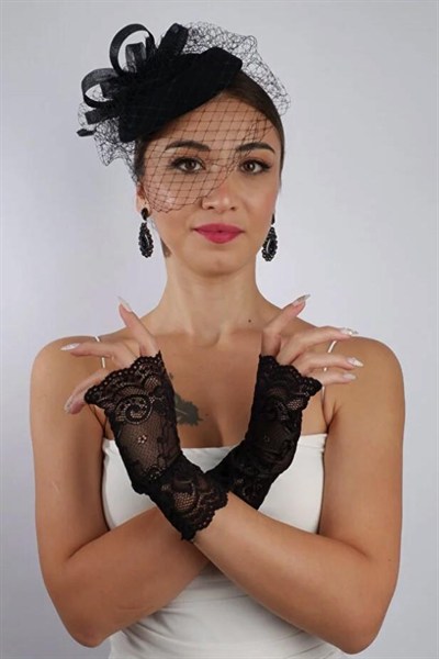 Siyah Parmaksız Dantelli Gelin Eldiveni Düğün Nikah Aksesuarı Fascinator Şapka Seti