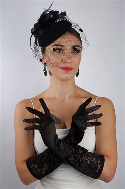 Siyah Saten Çift Fiyonk Kısa Gelin Eldiveni Düğün Nikah Aksesuarı Fascinator Şapka