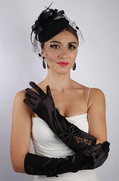 Siyah Saten Çift Fiyonk Kısa Gelin Eldiveni Düğün Nikah Aksesuarı Fascinator Şapka