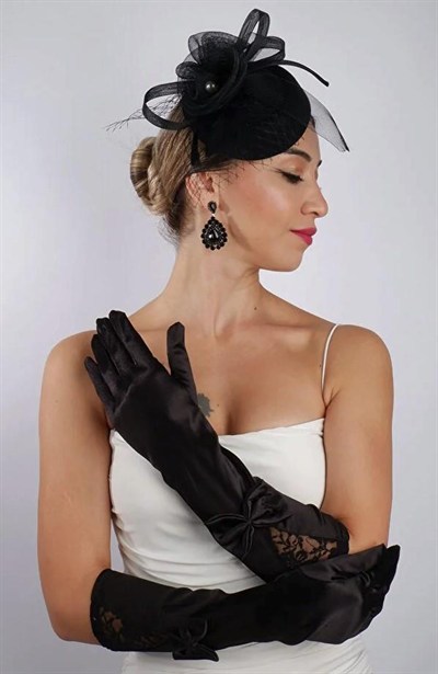 Siyah Saten Fiyonklu Gelin Eldiveni Düğün Nikah Aksesuarı Fascinator Şapka Seti