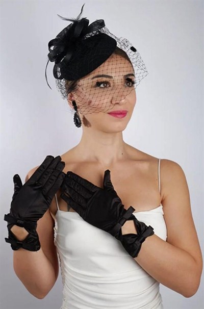 Siyah Saten Fiyonklu Gelin Eldiveni Düğün Nikah Aksesuarı Fascinator Şapka Seti