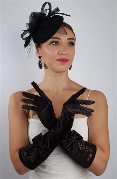 Siyah Saten Fiyonklu Gelin Eldiveni Düğün Nikah Aksesuarı Fascinator Şapka Seti