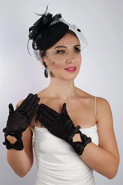 Siyah Saten Fiyonklu Gelin Eldiveni Düğün Nikah Aksesuarı Fascinator Şapka Seti