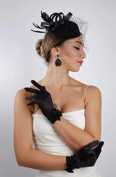 Siyah Saten Kısa Gelin Eldiveni Düğün Nikah Aksesuarı Fascinator Şapka Seti