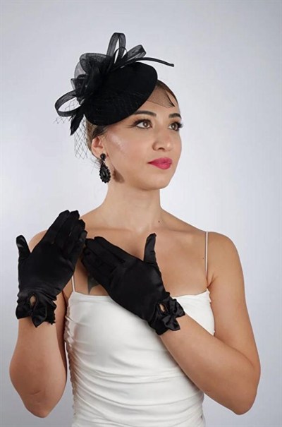 Siyah Saten Kısa Gelin Eldiveni Düğün Nikah Aksesuarı Fascinator Şapka Seti