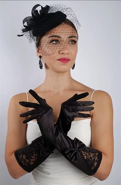 Siyah Saten Kısa Gelin Eldiveni Düğün Nikah Aksesuarı Fascinator Şapka Se