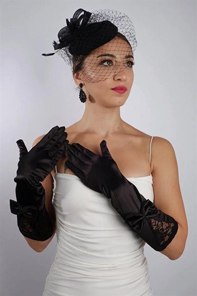 Siyah Saten Kısa Gelin Eldiveni Düğün Nikah Aksesuarı Fascinator Şapka Se