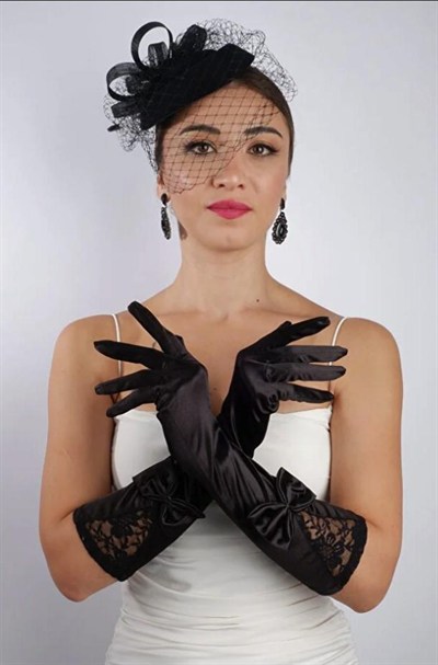 Siyah Saten Kısa Gelin Eldiveni Düğün Nikah Aksesuarı Fascinator Şapka Se