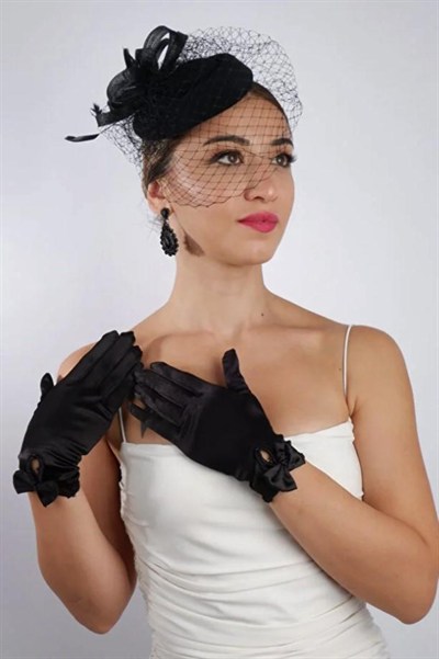 Siyah Saten Kısa Gelin Eldiveni Düğün Nikah Aksesuarı Fascinator Şapka Seti